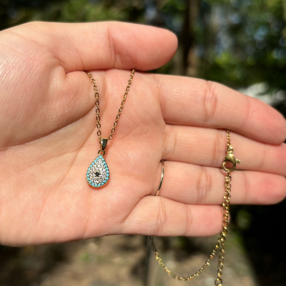 18K Gold Plated Stainless Steel Teardrop Evil Eye Diamond Necklace - Picture 3 of 5